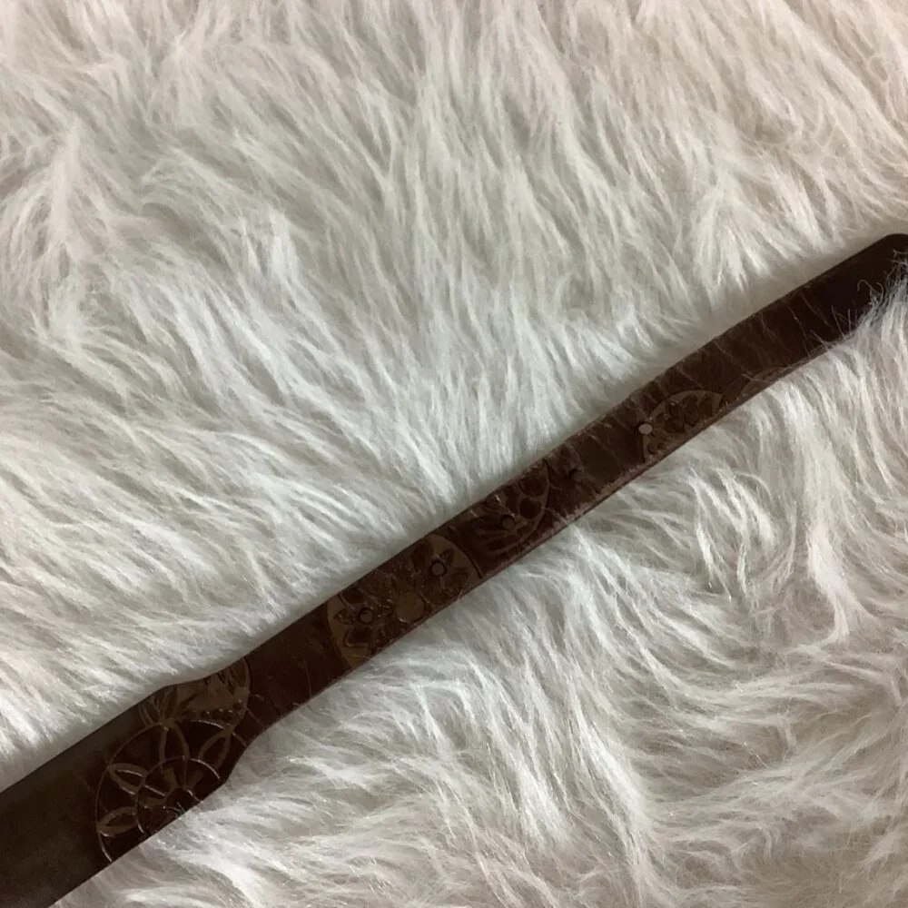 Martin Dingman Brown Tooled Leather Belt & Silver Etched Buckle 32